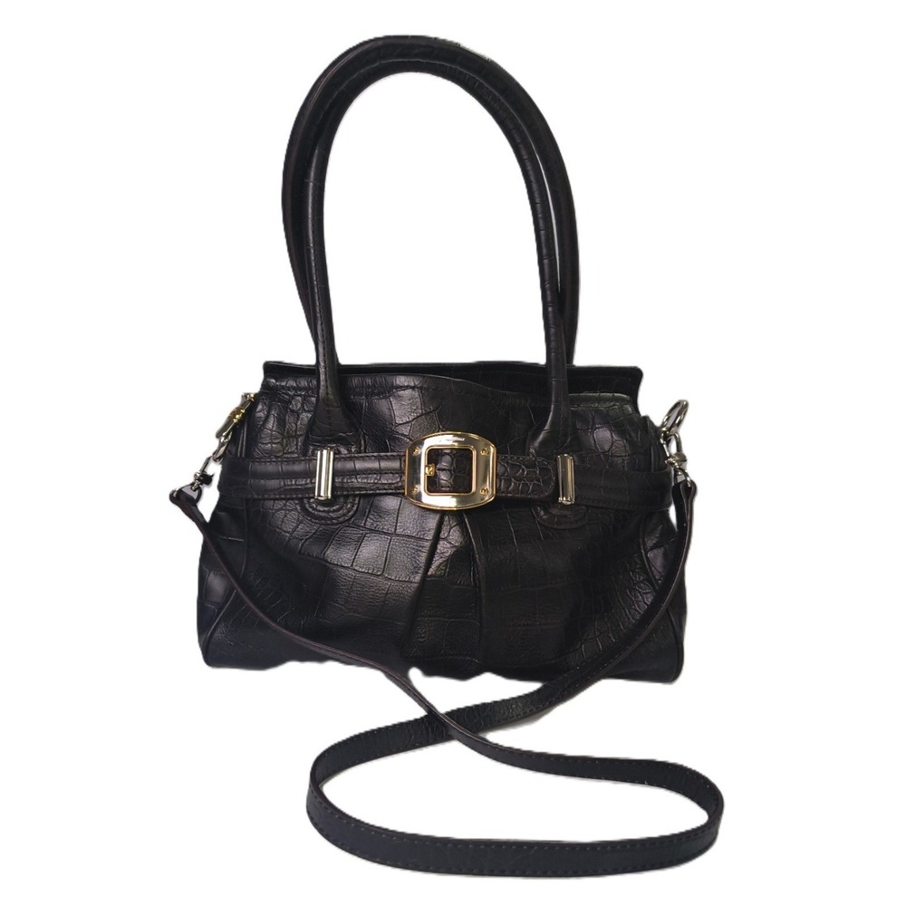 B Makowsky Leather Handbag Black Croc-Embossed Removeable Strap 12 x 8 x 3